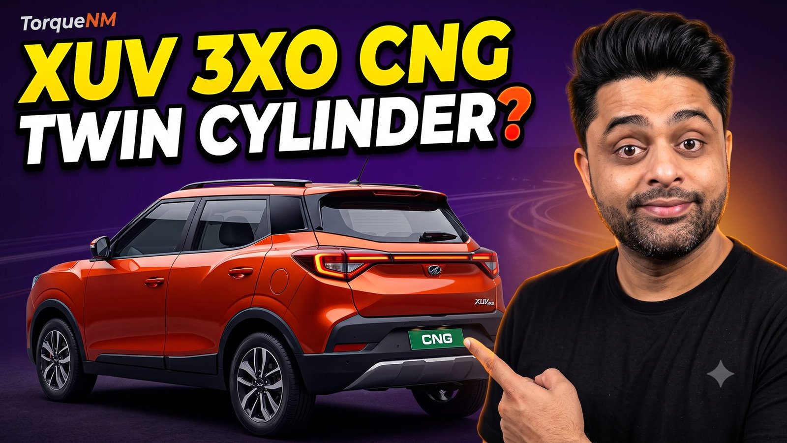 Presenter pointing at the rear of an orange Mahindra XUV 3XO-style SUV with a CNG badge and the headline XUV 3XO CNG, Twin Cylinder?